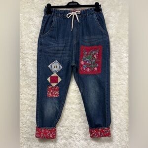 Embroidered Cropped Boho Harem Denim Jeans